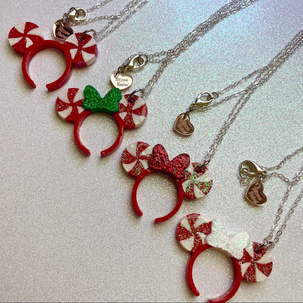 Choose 1 Ritzee Rebel Minnie Mickey Ears Resin Necklace - Holiday Peppermint